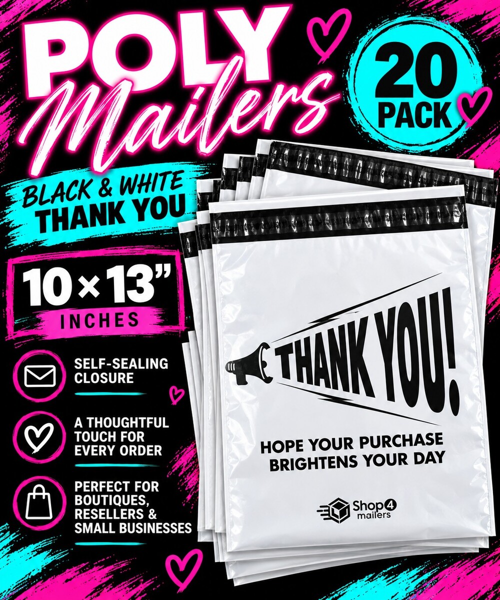 ★ 20 Black & White Thank You Poly Mailers 10 x 13 Shipping Bags